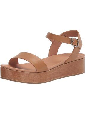 Women's Cognac Two Band Ankle Strap Faux Leather Open Toe Platform Sandal